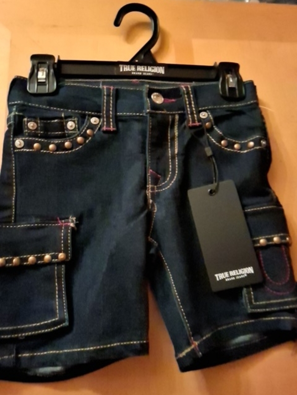 True Religion Navy Studded Cargo Denim Shorts